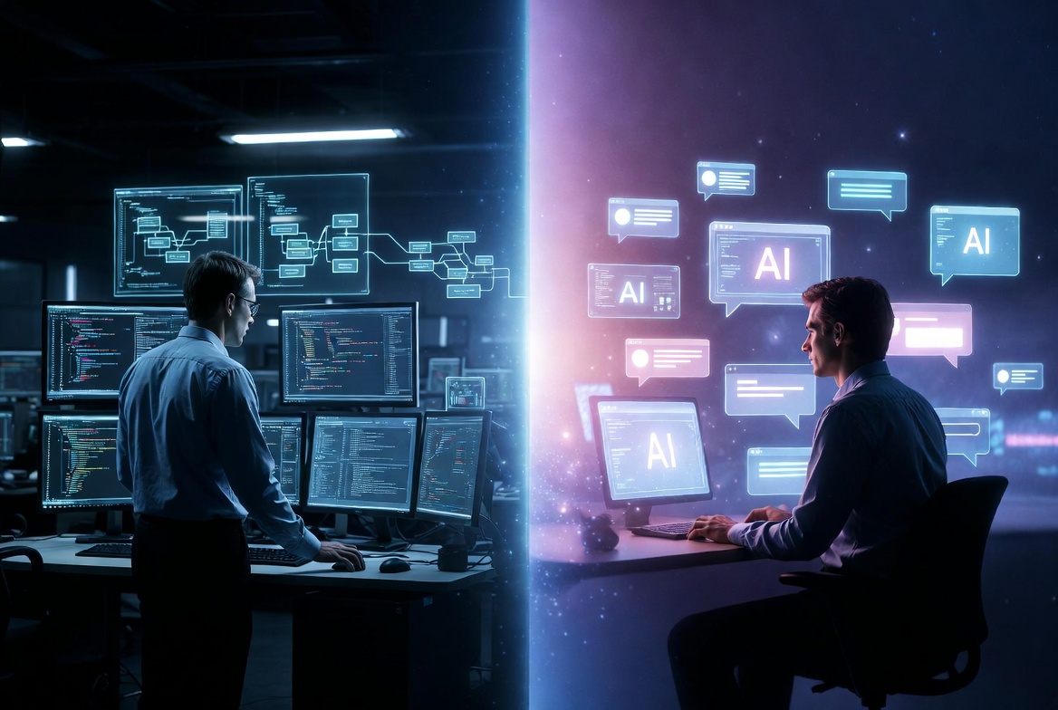 Split screen showing true engineers versus vibecoders in AI era