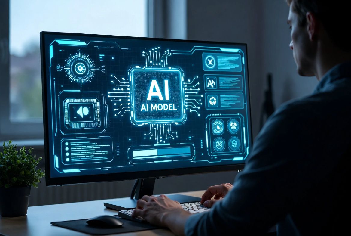 A developer's desk with a screen showing AGENT.md and SKILLS.md files glowing ominously in a code editor