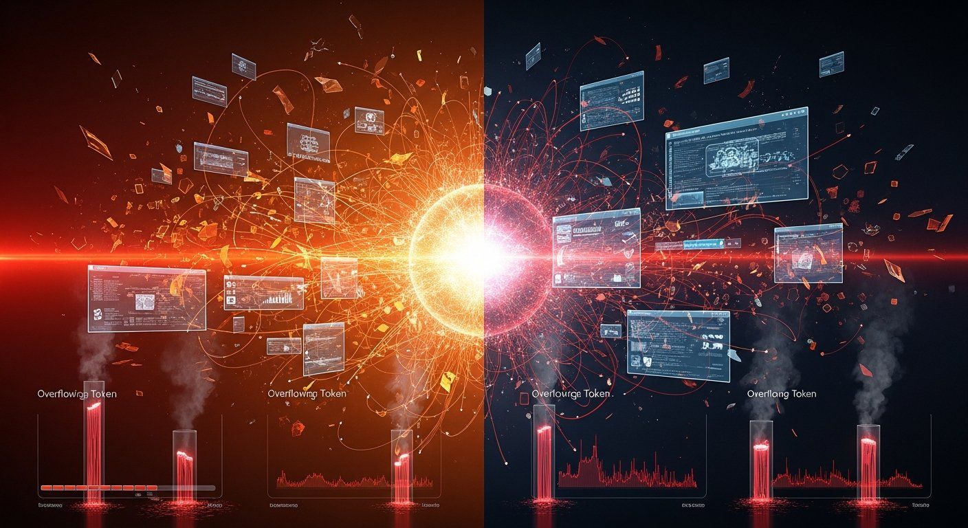 A split-screen artistic visualization in 16:9 format - left half: chaotic swirling data streams, oversized context windows, and overflowing token meters in warm orange and red tones suggesting waste, right half: clean organized data flows, precise targeted beams of light, and minimal efficient pathways in cool blue and green tones, modern tech illustration style with dramatic side lighting