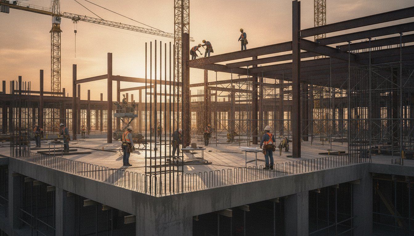A wide architectural metaphor shot: a sturdy modern foundation and steel framework of a building under construction at golden hour, with multiple diverse people independently working on different sections without a supervisor in sight, cranes and scaffolding extending across the frame, warm sunset light, cinematic wide-angle composition, sense of autonomous productive energy