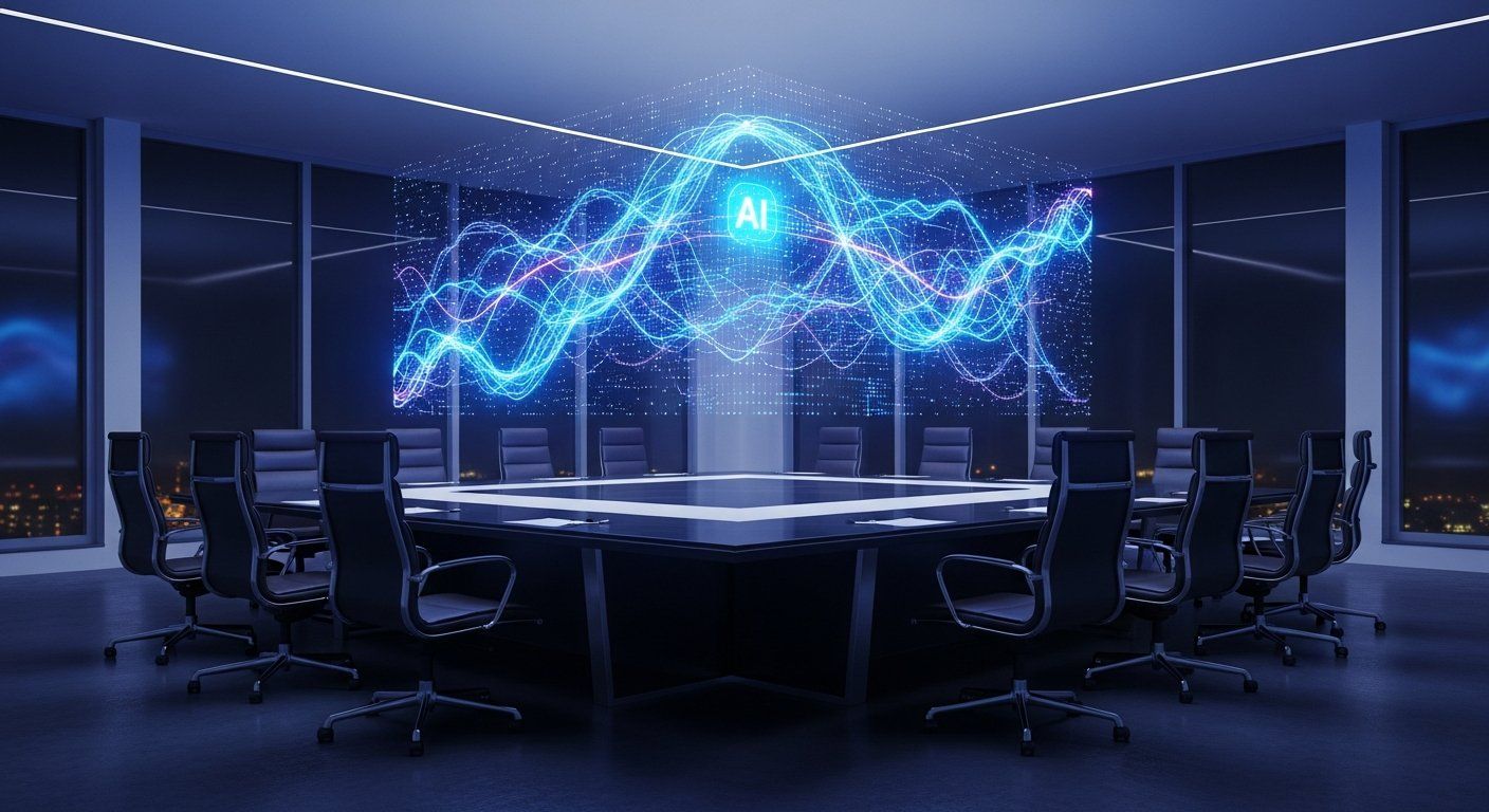 A wide-angle photograph of a modern corporate boardroom with a large illuminated holographic AI neural network visualization hovering above a sleek conference table, ambient blue and purple lighting, professional atmosphere, shot from corner angle showing both the technology and empty chairs awaiting decision-makers, cinematic composition in 16:9 format