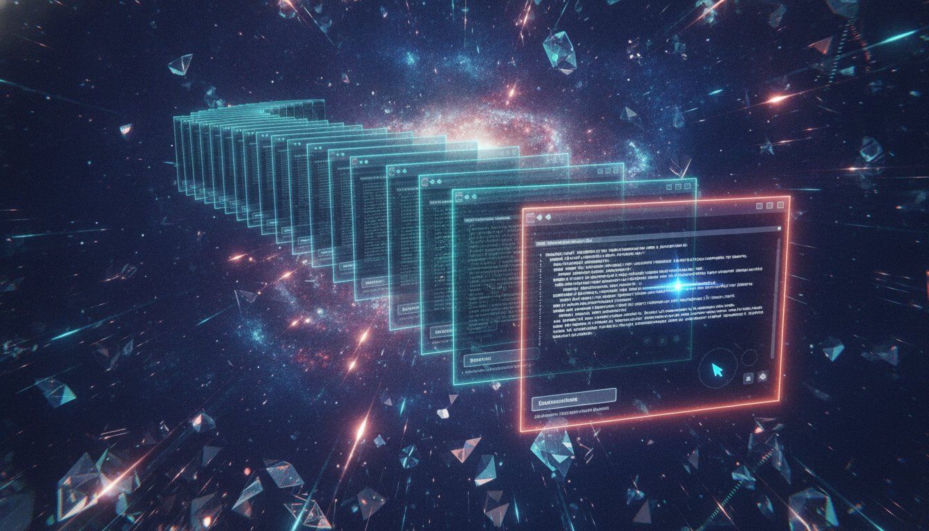 Lots of screenshots stacked with spacing in 3d perspective as an explode style preview of a stacked screenshots in one queue with one highlighted and pulled aside that shows terminal window with glowing typing cursor. Futuristic, abstract background.